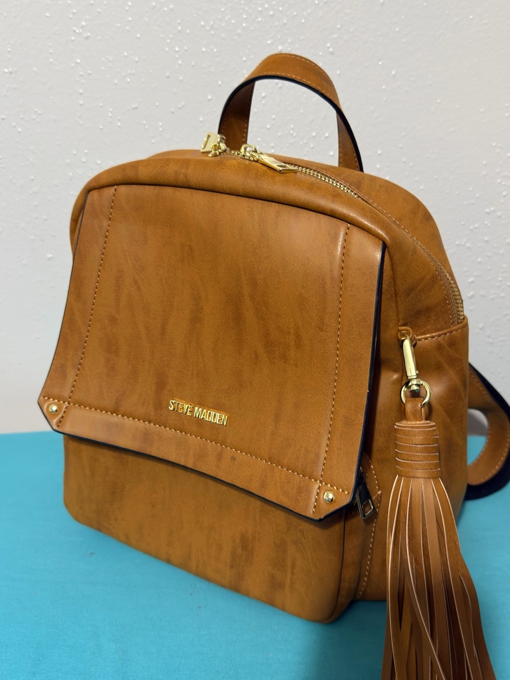 Steve Madden Cognac Faux Leather Backpack with Tassel